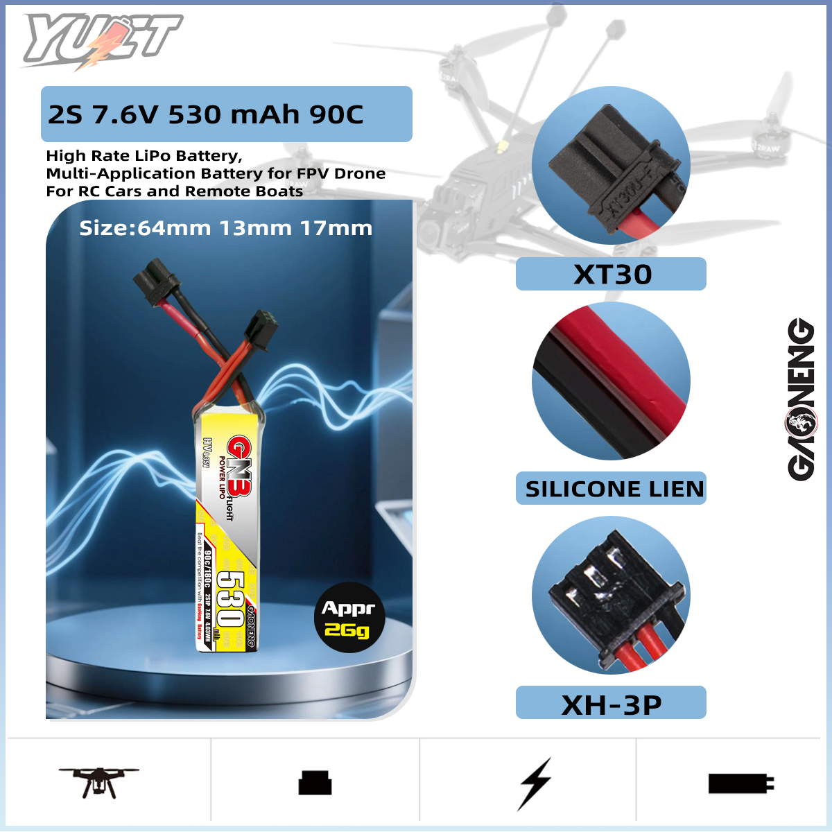 Drone Battery Lipo - YUCT GNB 2S LiPo Battery LiHV